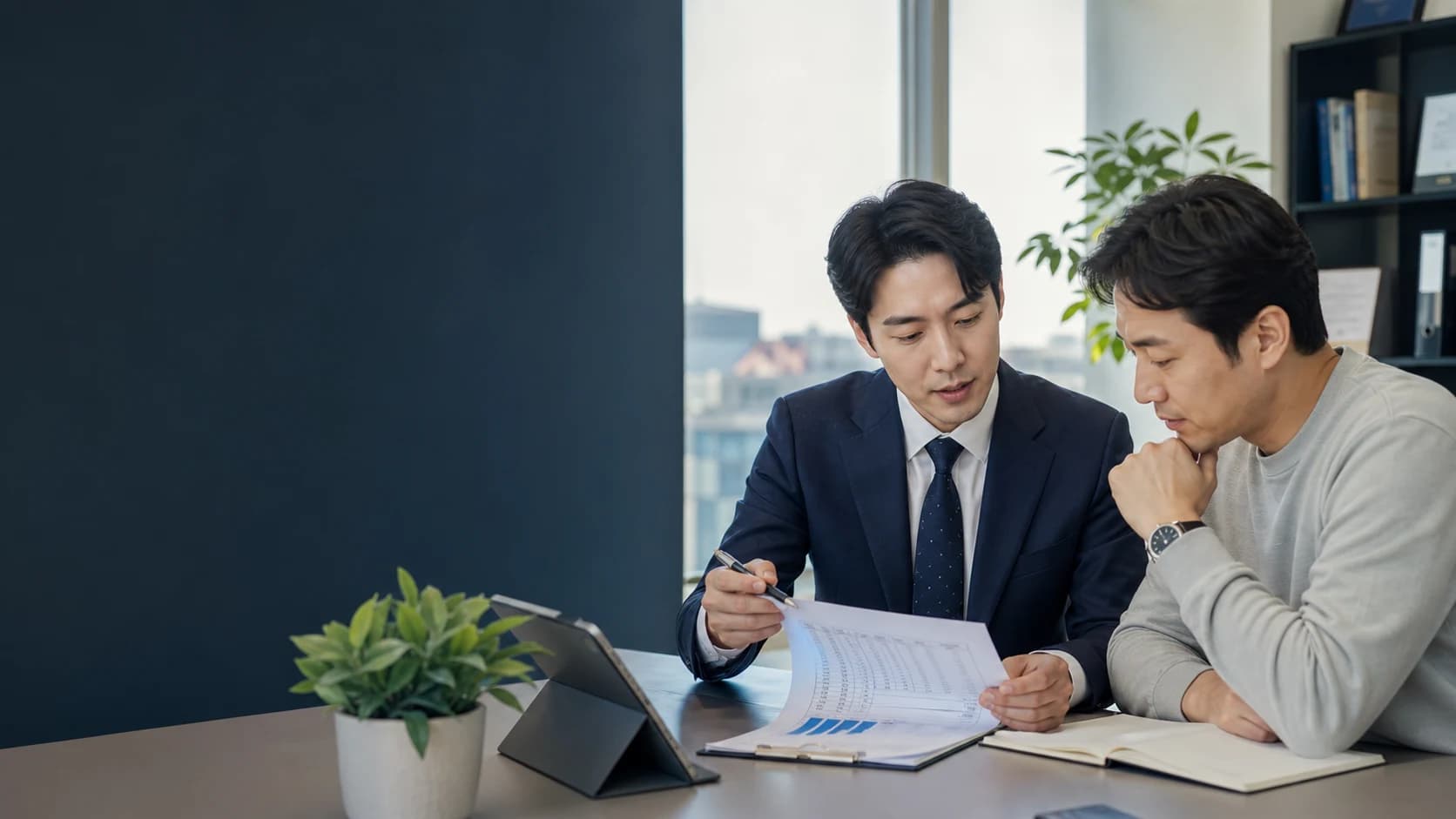 정식 등록 금융업체 상담사가 소상공인에게 대출 조건과 상환 계획을 투명하게 설명하는 장면