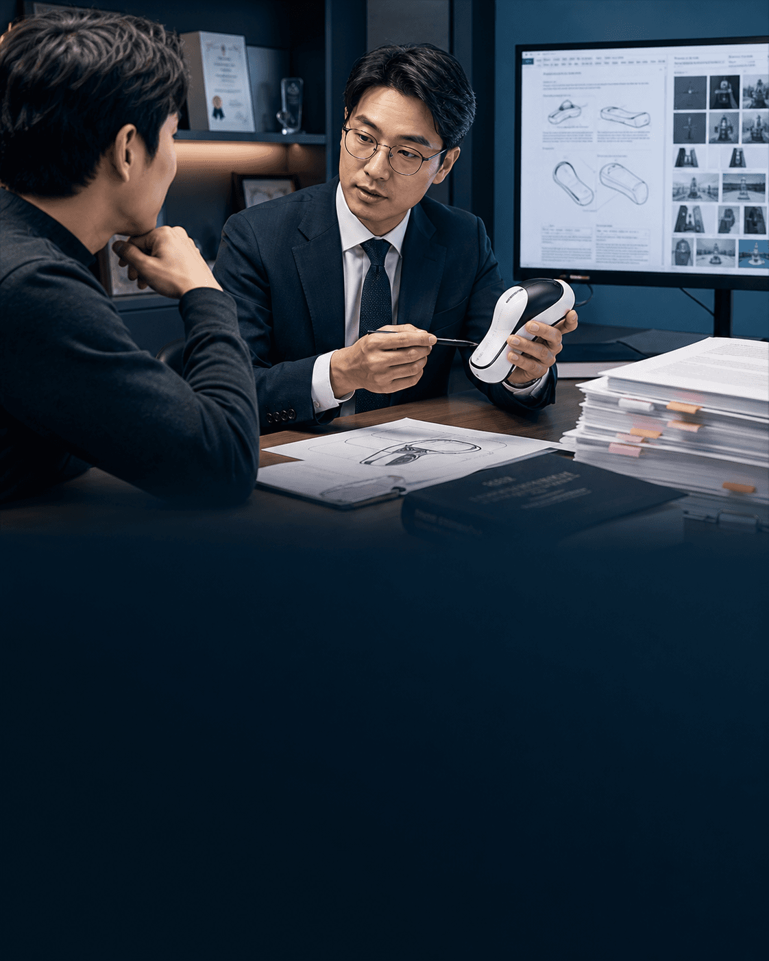 변리사가 발명자와 제품 시제품과 특허 자료를 검토하는 장면