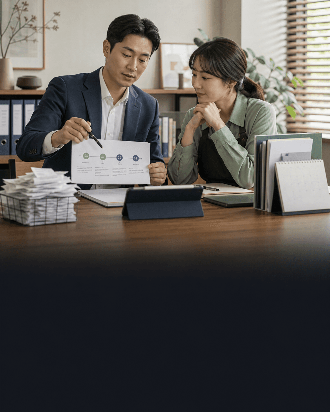 세무사가 사업자와 신고 자료와 일정을 검토하는 상담 장면